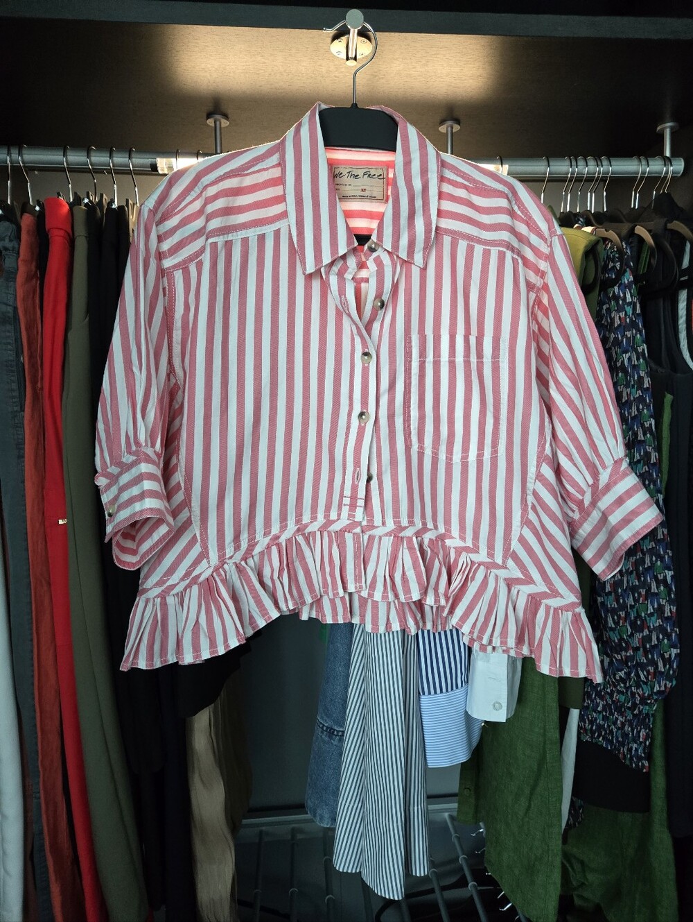 Free People Pink and White Striped Ruffle Hem Button-Up Blouse